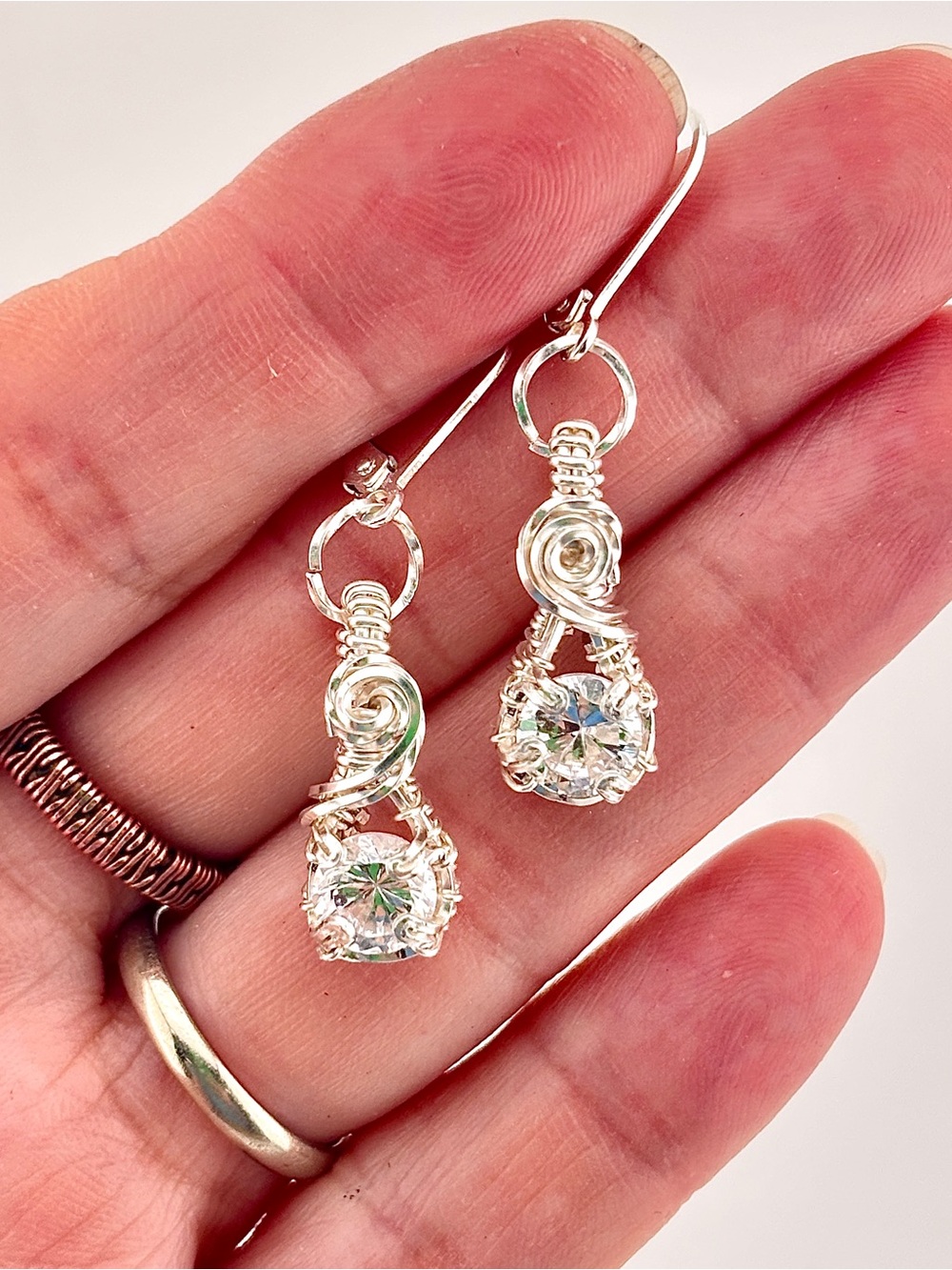 HANDMADE Vintage Cubic Zirconia Silver Filled Wire Wrapped Dangle Earrings